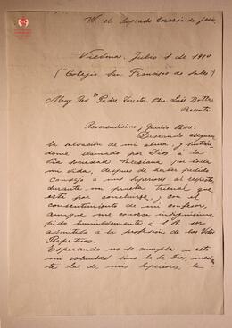 Pedido de admisión al Padre Botta 01-07-1910