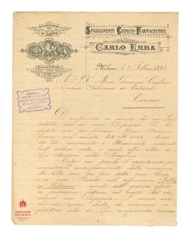 Correspondencia comercial al Card. Cagliero, de Estab. Carlo Erba (2-2-1893) (en italiano)