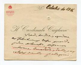 Tarjeta del Card. Cagliero a destinatario no precisado, con fecha inc (Oct 1916)