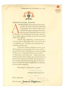 Correspondencia al Card. Cagliero de Card. Bourne (en latín) (25-11-1920)