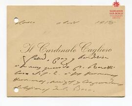 Tarjeta del Card. Cagliero a destinatario no precisado, con fecha inc (Abr 1918)