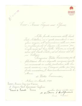 Correspondencia al Card. Cagliero de Card. Ferrari (en italiano) (25-11-1920)