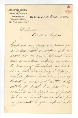 Correspondencia al Card. Cagliero de Junta Popular Defensora de la capital… (31-3-1900)