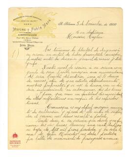Correspondencia al Card. Cagliero de la mensajería Marcos y Pablo Mora (8-11-1900)