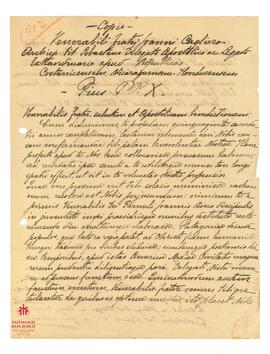 Designación manuscrita de Pio X al Cardenal Cagliero como obispo en america latina (Copia, 1912)