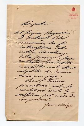 Carta autógrafa del Card. Cagliero sin precisar fecha