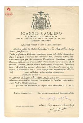 Texto en latín de Cardenal Cagliero. Menciona al P. Marelli (posible 1890)