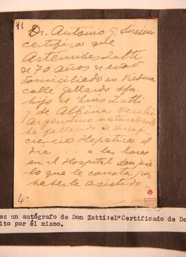 Certificado de defunción, autógrafo de Artémides Zatti