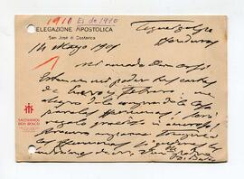 Tarjeta de la delegación apostólica de Cagliero a Orsi, 1909.