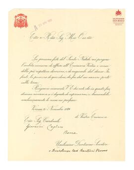 Correspondencia al Card. Cagliero de Card. Basileri (en italiano) (25-11-1920)