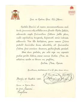 Correspondencia al Card. Cagliero de Card. Benlloch (en latín) (25-11-1920)