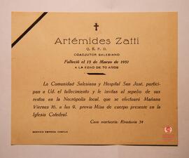 Tarjeta mortuoria de Artémides Zatti
