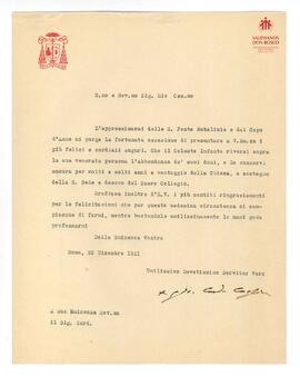 Carta mecanografiada del Cardenal Cagliero a destinatario no precisado (25-12-1921)
