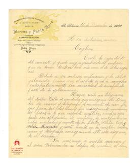 Correspondencia al Card. Cagliero de la mensajería Marcos y Pablo Mora (5-12-1900)